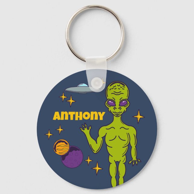 Porte-clés Alien spatial avec soucoupe volante personnalisée (Recto)