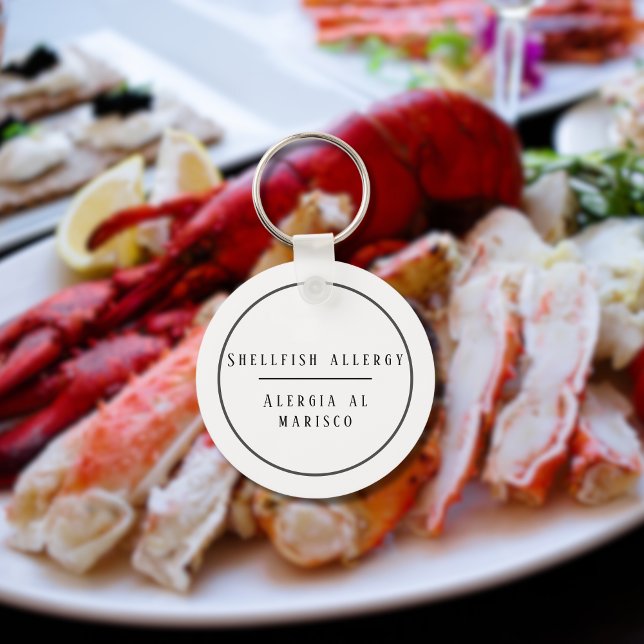 Porte-clés Allergie bilingue noire et blanche aux mollusques (Bilingual Shellfish allergy warning keychain, customizable name & text. multilingual project)