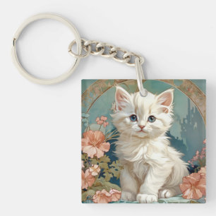 Porte-clés Alphonse Mucha Style Chat blanc