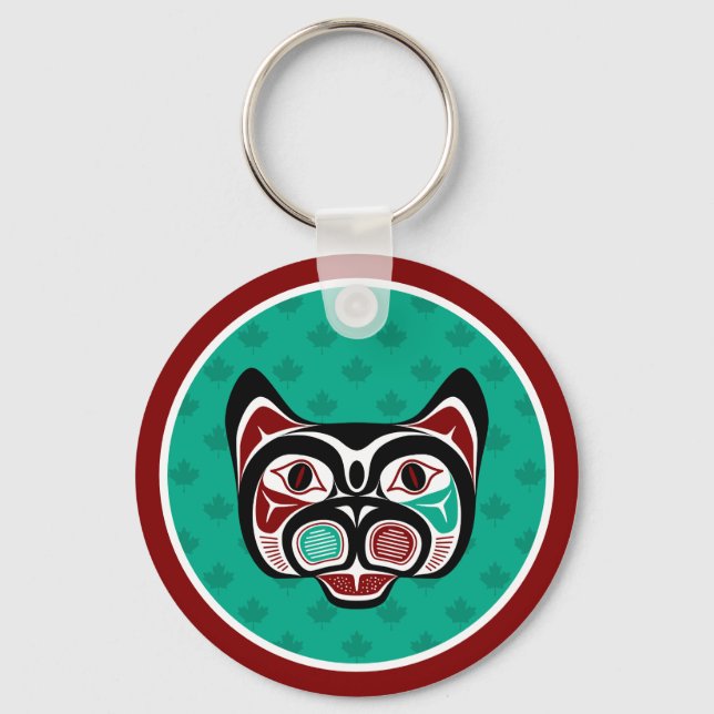 Porte-clés Amérindien Rouge Noir Vert Haïda Art Kitty (Recto)