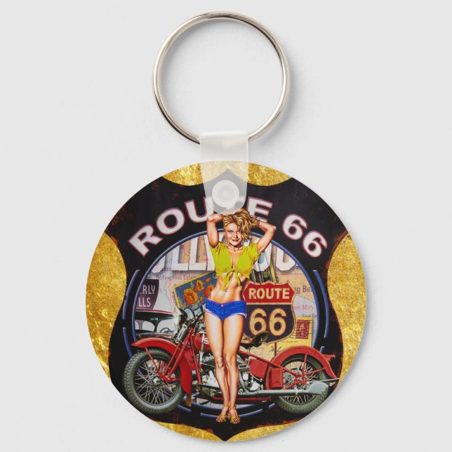 Porte-clés Amérique route 66 moto Avec une texture or (Recto)