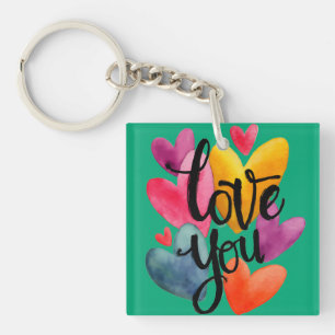 Porte-clés Amour aquarelle vibrant : « Je t'aime » écrit à la