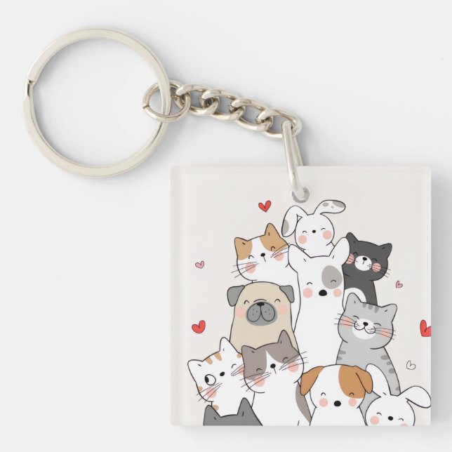 Porte-clés Amoureux des animaux Kawaii (Devant)