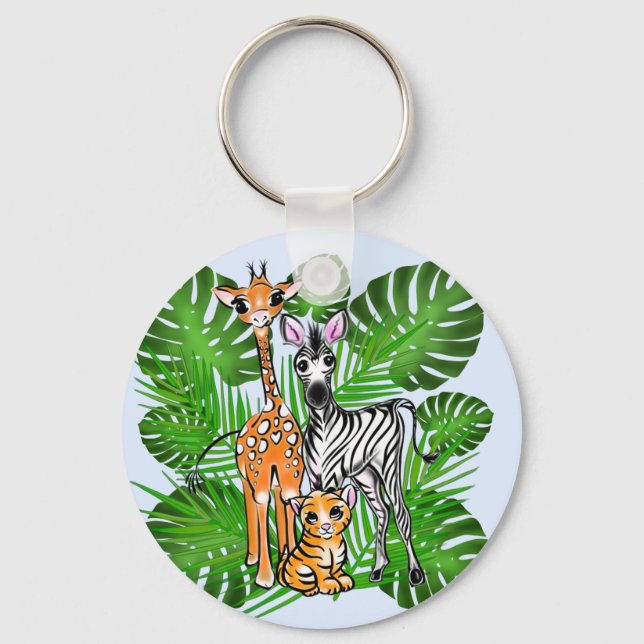 Porte-clés Amusants Safari amis girafe zèbre tigre palme feui (Recto)