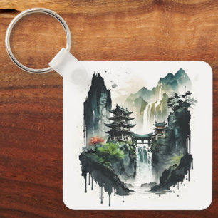 Porte-clés Ancient Chinese Ink Landscape with Waterfall