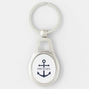 Porte-clés Ancre Bleu Marine Nautical Nom Personnalisé