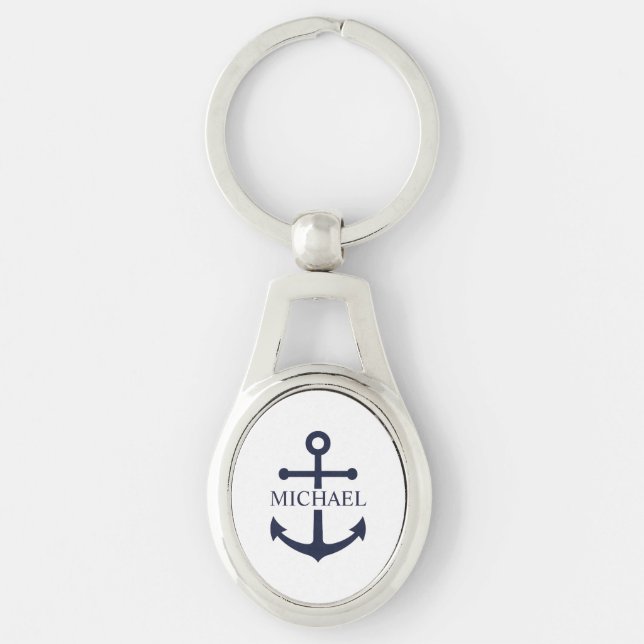 Porte-clés Ancre bleue marine nautique nom personnalisé (Devant)