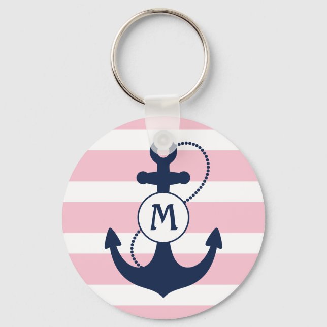 Porte-clés Ancre nautique avec rayures roses et monogramme (Recto)