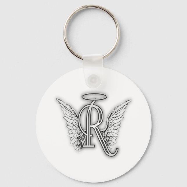 Porte-clés Ange Alphabet R Lettre initiale Ailes Halo (Recto)