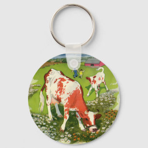 Porte-clés Animaux de ferme vintage, vaches paissant avec un 