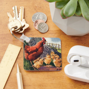 Porte-clés Animaux vintages, poulets avec bébés à la ferme