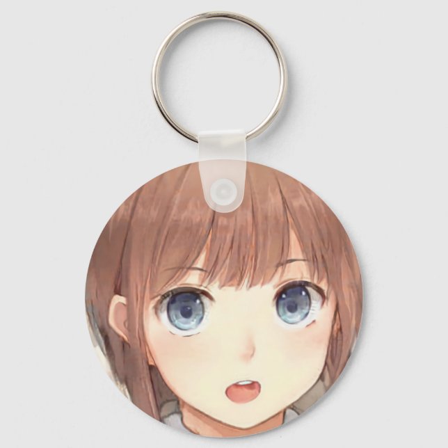 Porte-clés Anime brune fille aux yeux bleus surpris (Recto)