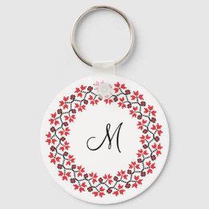 Porte-clés Anneau de fleur rouge Monogramme personnalisé init