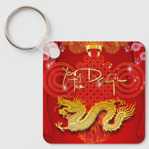 Porte-clés Année Dragon Chinoise Rouge Knot Sq