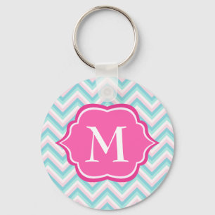 Porte-clés Aqua Blue Chevron rose blanc Monogramme Design