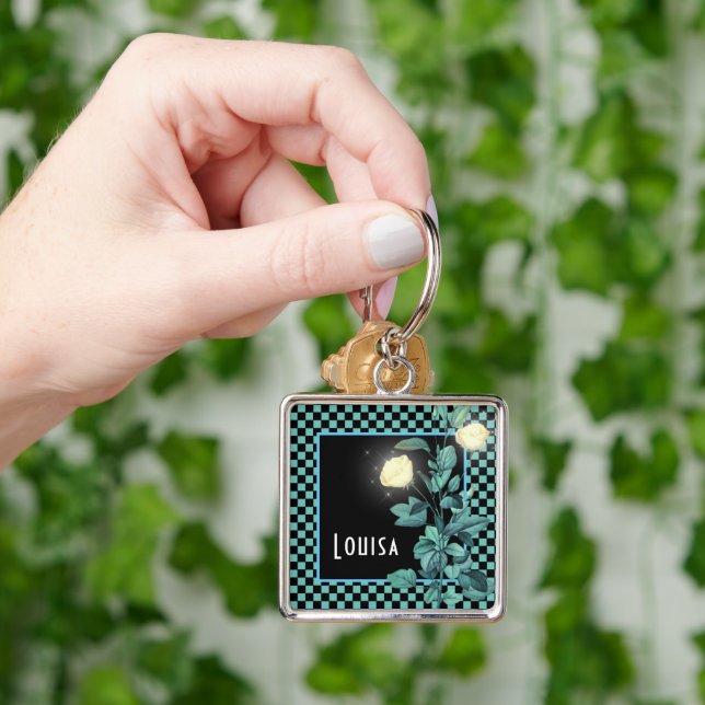 Porte-clés Aqua Checkerboard Floral Personnalisé (main)