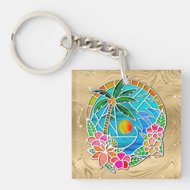 Porte-clés Aqua et Gold Ocean Palm Tree Paysage d'été (Devant)