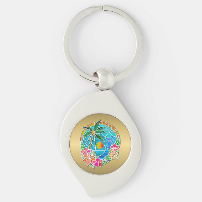 Porte-clés Aqua et Gold Ocean Palm Tree Paysage d'été (Devant)
