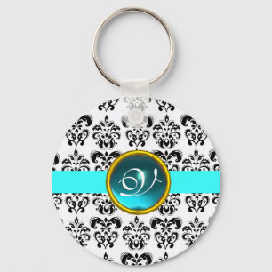 Porte-clés AQUAMARINE DAMASK MONOGRAM,blue turquase