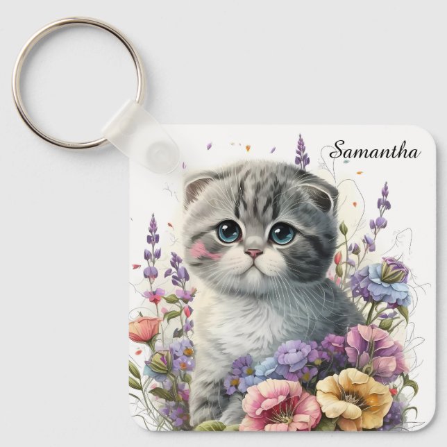 Porte-clés Aquarelle adorable Scottish Fold Kitten (Recto)