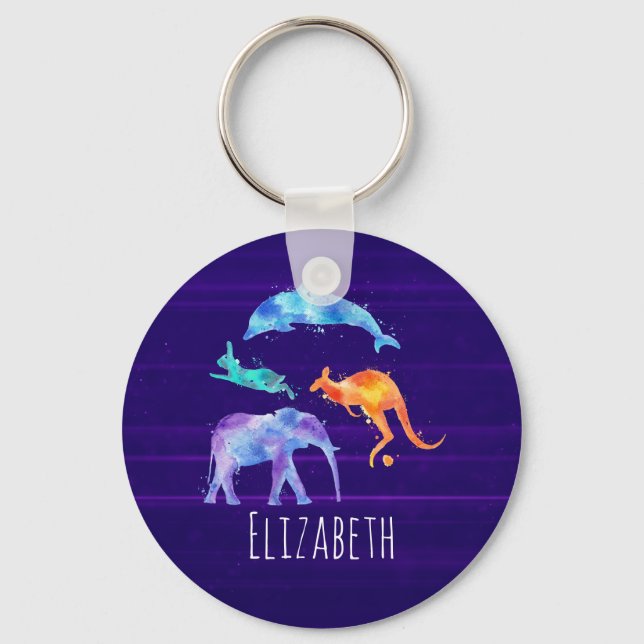 Porte-clés Aquarelle Animaux Sauvages Sur Violet (Recto)