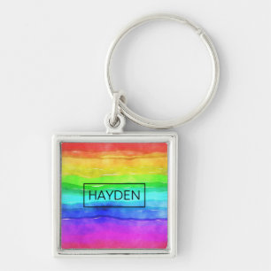 Porte-clés Aquarelle arc-en-ciel rayures personnalisées