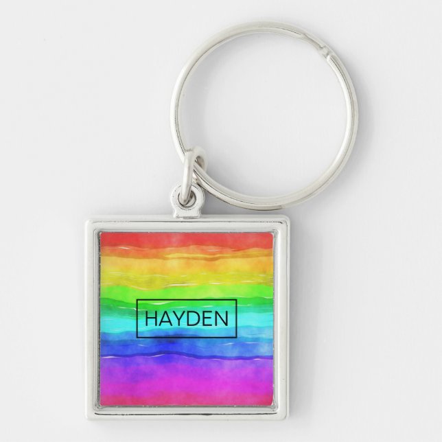 Porte-clés Aquarelle arc-en-ciel rayures personnalisées (Devant)