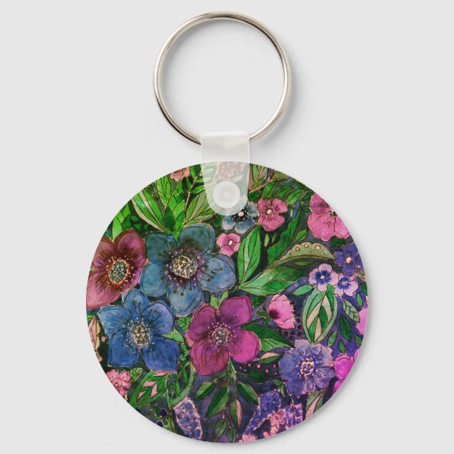 Porte-clés aquarelle, bleu et violet, aquarelle d'anémones (Recto)
