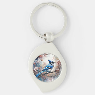 Porte-clés Aquarelle bleu Jay Cherry Blossoms