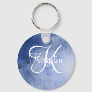 Porte-clés Aquarelle bleue et blanche monogrammée