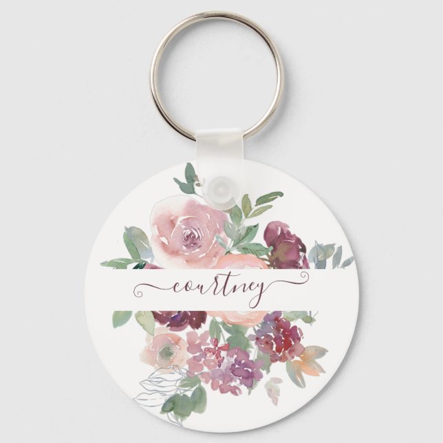 Porte-clés Aquarelle Bourgogne et rose florale personnalisée (Recto)