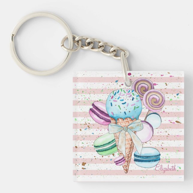 Porte-clés Aquarelle Crème glacée, Macarons, Bandes roses (Devant)