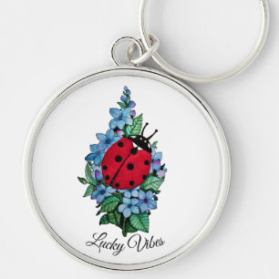 Porte-clés Aquarelle Cute Ladybird Avec Fleurs Bleues Sauvage