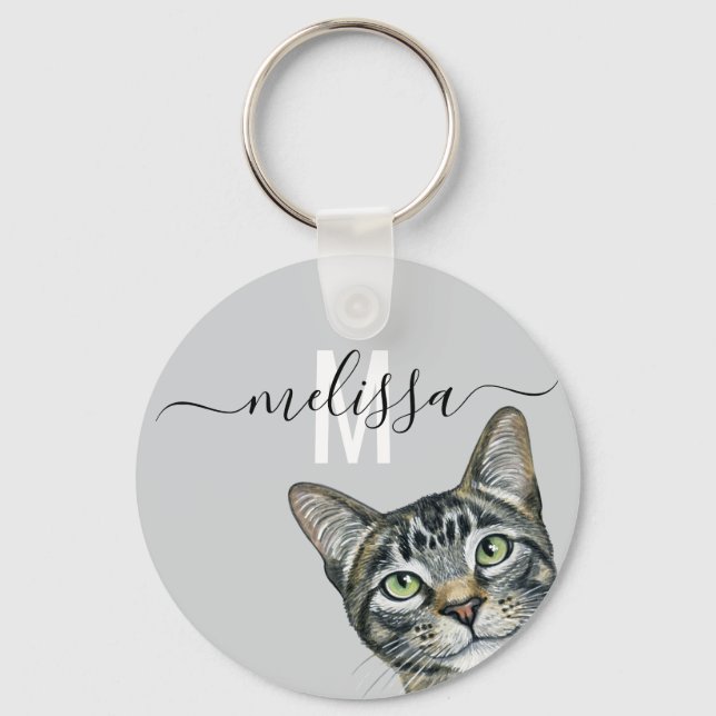 Porte-clés Aquarelle de chat sournois Nom du monogramme (Recto)