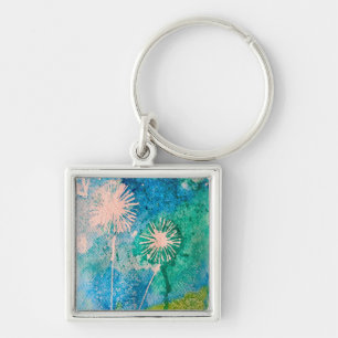 Porte-clés Aquarelle de Dandelion bleu et vert abstrait