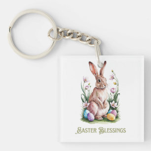 Porte-clés Aquarelle de Pâques Lapin & Fleurs