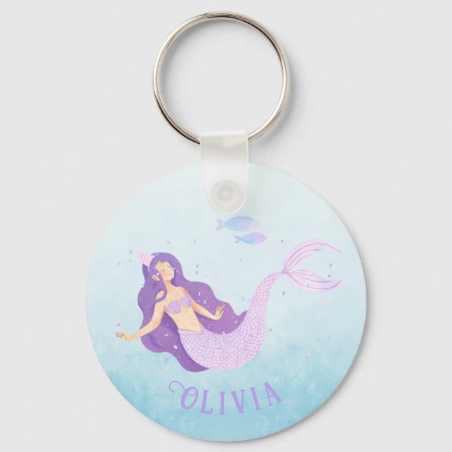 Porte-clés Aquarelle de sirène mauve mauve fille Anniversaire (Verso)