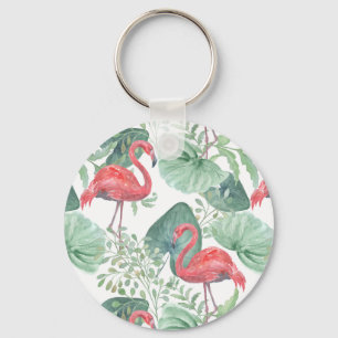 Porte-clés Aquarelle flamants roses et feuilles.
