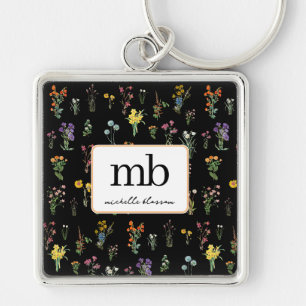 Porte-clés Aquarelle fleur sauvage Floral botanique noir