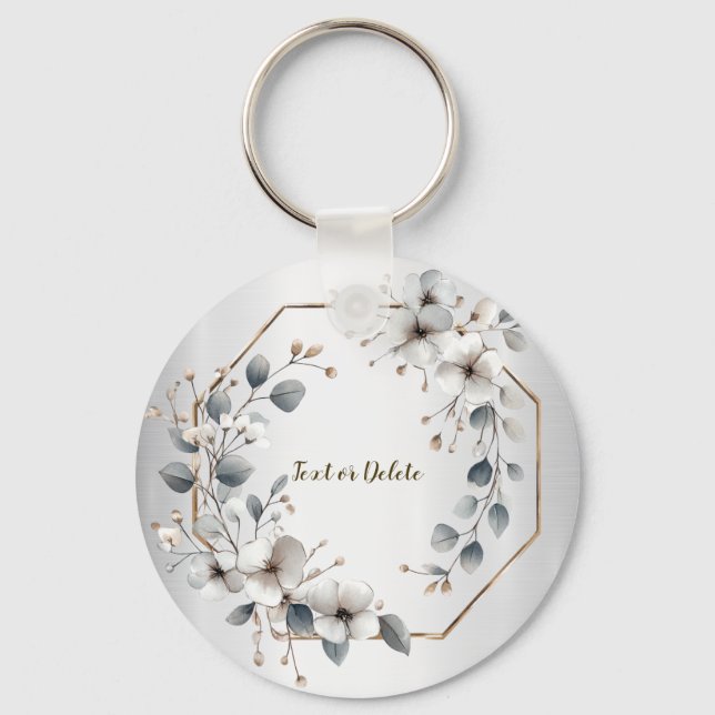 Porte-clés Aquarelle Fleurs blanches Cadre doré Argent Turquo (Recto)