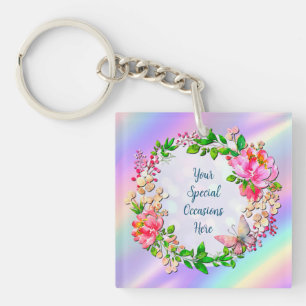 Porte-clés Aquarelle Fleurs roses et papillon Plaid de printe