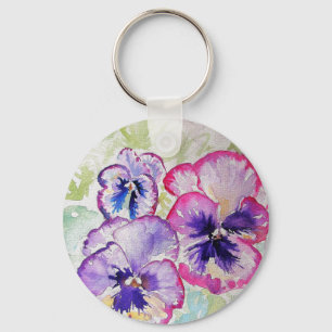 Porte-clés Aquarelle florale violette Pansy rose