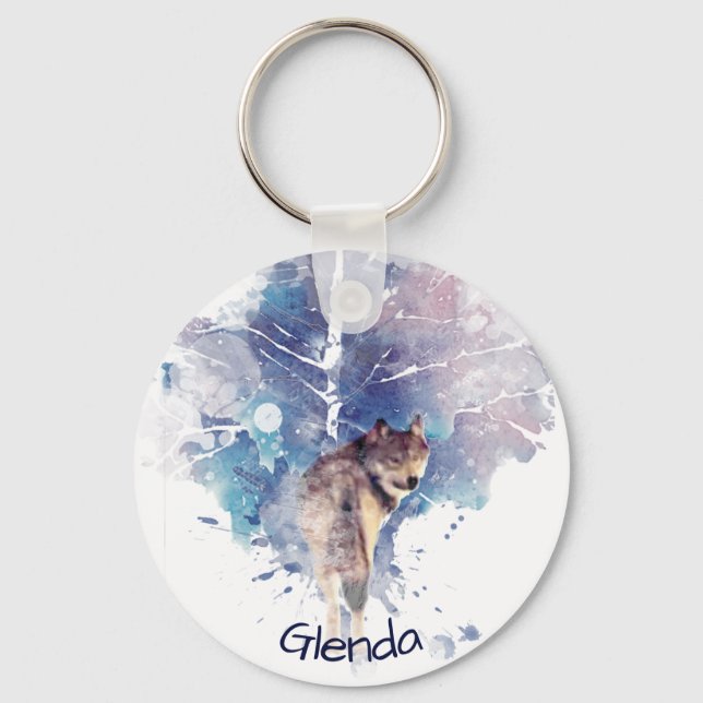 Porte-clés Aquarelle Gris Loup Faune Animal Nature Custom (Recto)