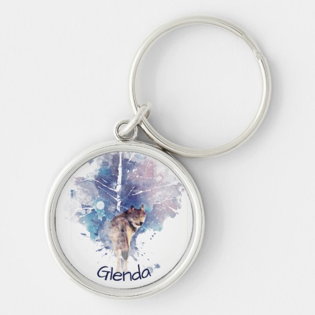 Porte-clés Aquarelle Gris Loup Faune Animal Nature Custom (Devant)