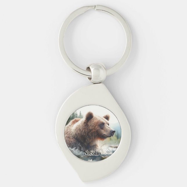Porte-clés Aquarelle Grizzli Ours Faune Nature Art (Devant)