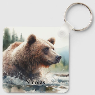 Porte-clés Aquarelle Grizzli Ours Faune Nature Art
