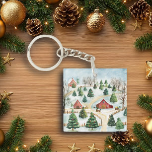 Porte-clés Aquarelle Hiver Paysage rustique avec Fir Trees