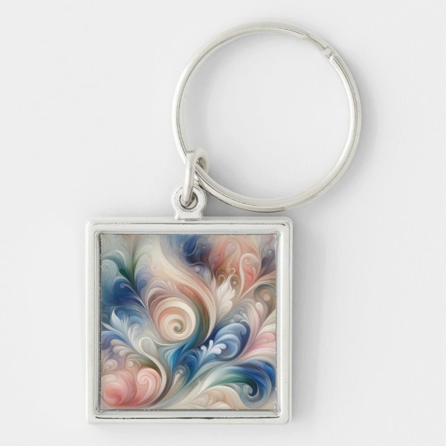 Porte-clés Aquarelle Imaginaire Floral Pastel Bleu & Crème (Devant)