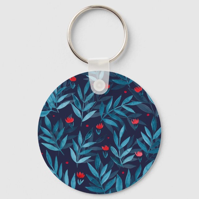 Porte-clés Aquarelle jardin nocturne - turquoise, bleu et rou (Recto)