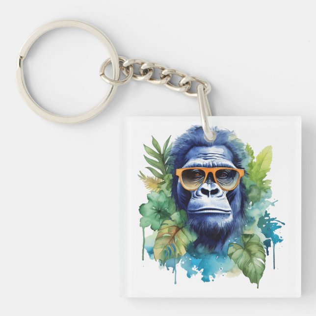 Porte-clés Aquarelle Jungle Gorilla avec lunettes de soleil e (Devant)